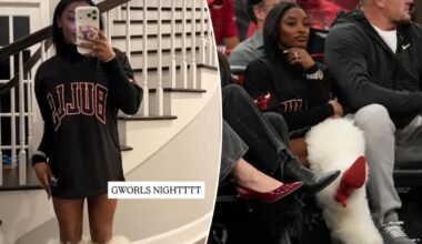 Simone Biles pairs furry Ugg heels with an Hermès Kelly bag for Chicago Bulls game