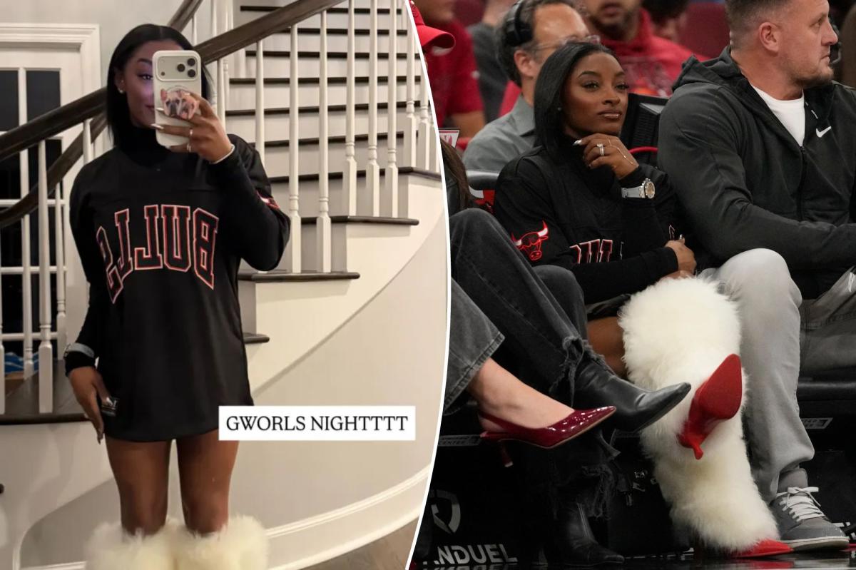 Simone Biles pairs furry Ugg heels with an Hermès Kelly bag for Chicago Bulls game