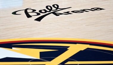 The logo of the Denver Nuggets at center court