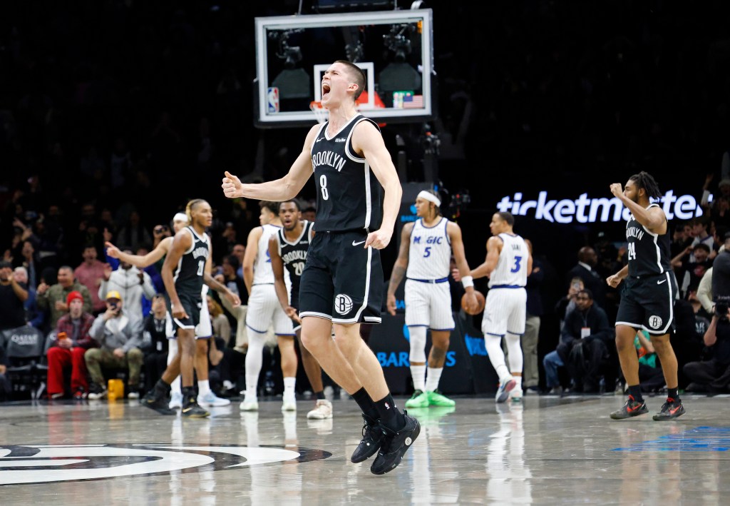 Brooklyn Nets guard Egor Demin (8) reacts when he forced overtime with this three point basket during the second half when the Brooklyn Nets played the Orlando Magic Wednesday, January 7, 2026