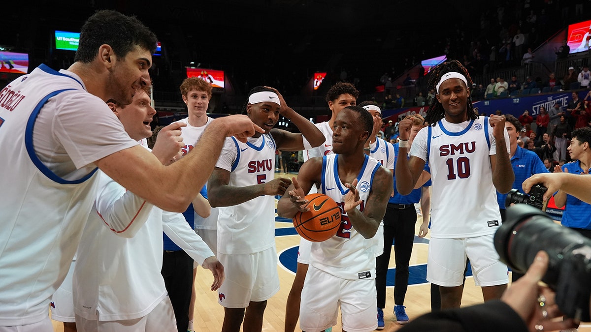 SMU players celebrate