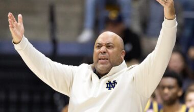 Notre Dame coach Micah Shrewsberry charges at official after controversial foul call