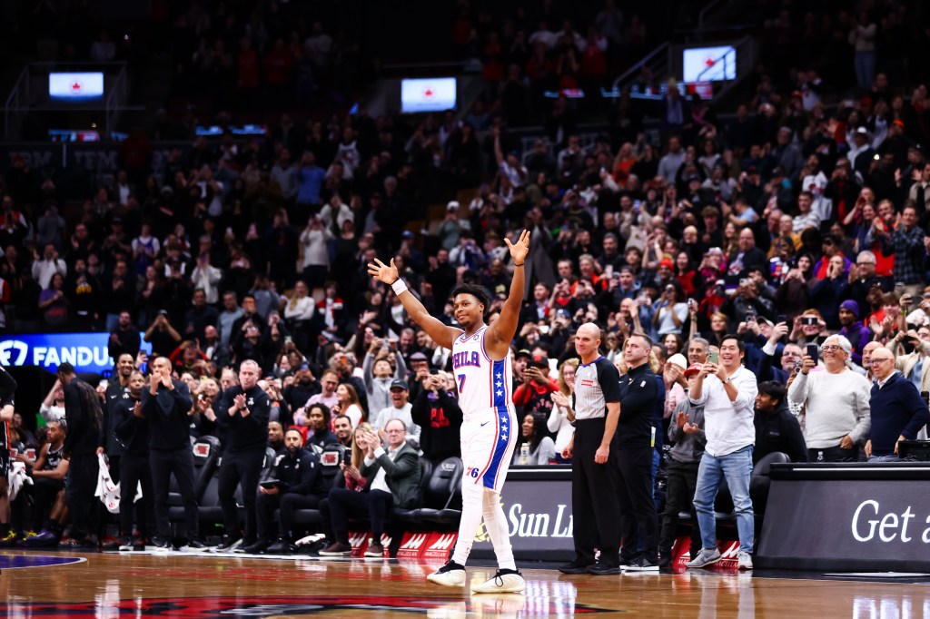 Kyle Lowry #7 of the Philadelphia 76ers enters the game in the second half against the Toronto Raptors at Scotiabank Arena on January 12, 2026 in Toronto, Ontario.