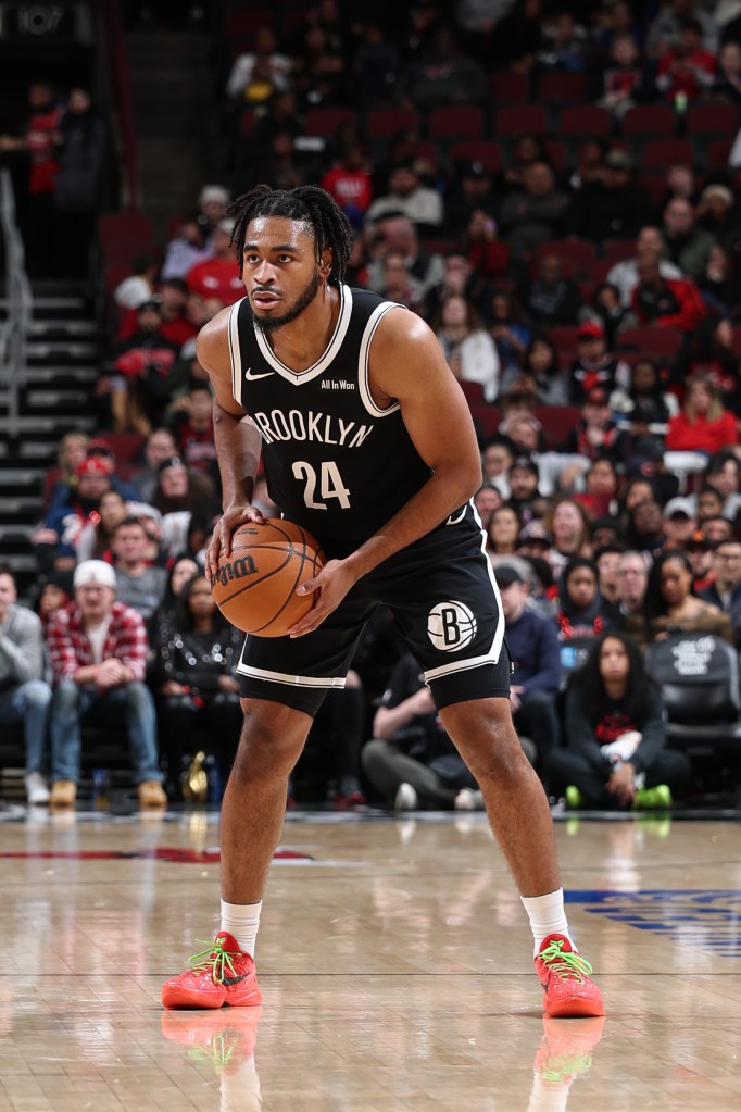 Cam Thomas of the Brooklyn Nets handles the ball during the game against the Chicago Bulls.