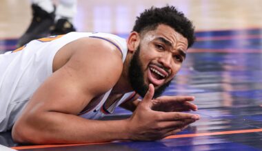 New York Knicks center Karl-Anthony Towns reacts after getting called for an offensive foul in the second quarter against the Brooklyn Nets at Madison Square Garden on January 21.