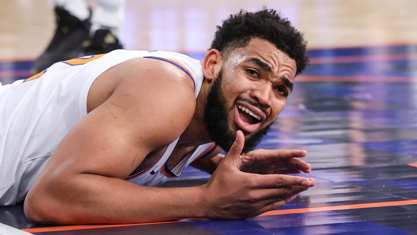 New York Knicks center Karl-Anthony Towns reacts after getting called for an offensive foul in the second quarter against the Brooklyn Nets at Madison Square Garden on January 21.