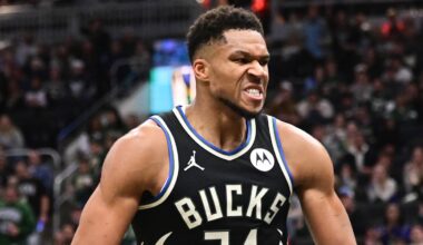 Nov 7, 2025; Milwaukee, Wisconsin, USA; Milwaukee Bucks forward Giannis Antetokounmpo (34) reacts after scoring a basket in the 3rd quarter against the Chicago Bulls at Fiserv Forum. Mandatory Credit: Benny Sieu-Imagn Images