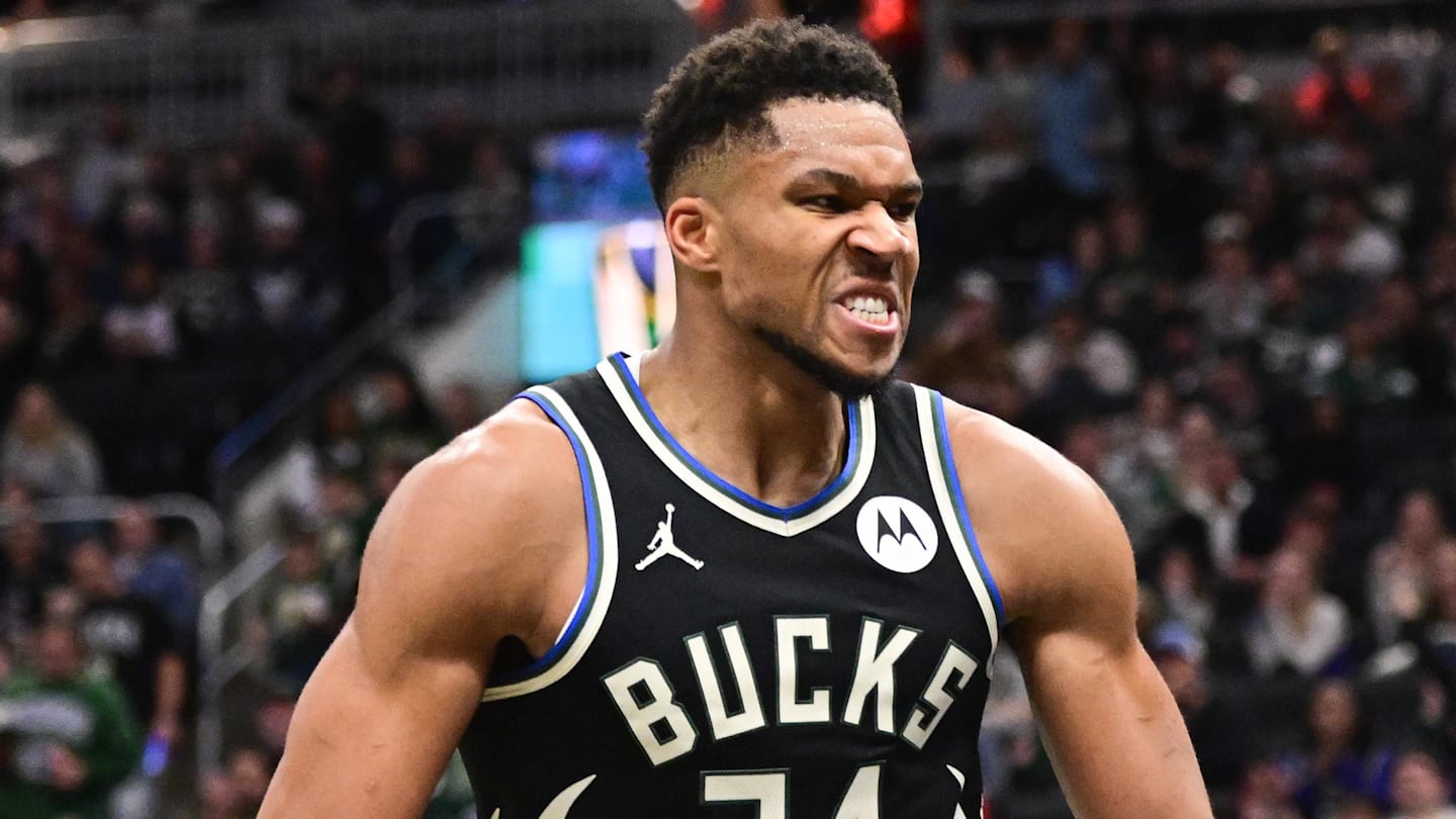 Nov 7, 2025; Milwaukee, Wisconsin, USA; Milwaukee Bucks forward Giannis Antetokounmpo (34) reacts after scoring a basket in the 3rd quarter against the Chicago Bulls at Fiserv Forum. Mandatory Credit: Benny Sieu-Imagn Images