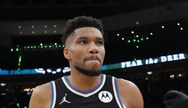 Jan 23, 2026; Milwaukee, Wisconsin, USA;  Milwaukee Bucks forward Giannis Antetokounmpo (34) walks from the court following the game against the Denver Nuggets at Fiserv Forum. Mandatory Credit: Jeff Hanisch-Imagn Images