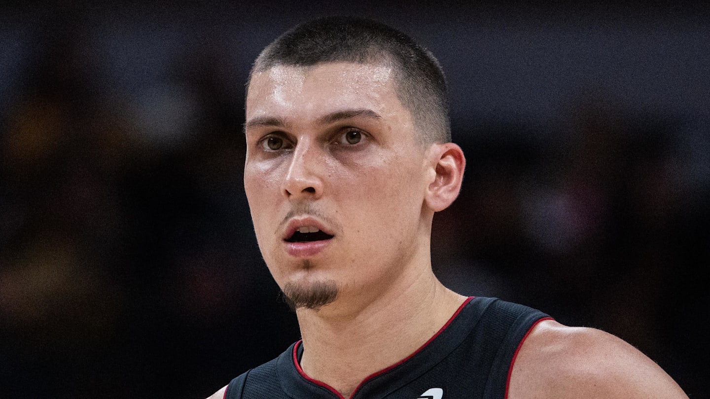 Miami Heat guard Tyler Herro (14) in the second half against the Indiana Pacers (Mandatory Credit: Trevor Ruszkowski-Imagn Images)