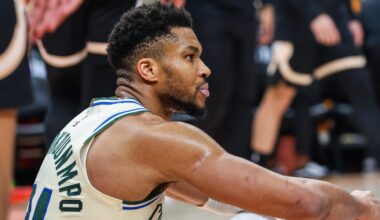 Jan 19, 2026; Atlanta, Georgia, USA; Milwaukee Bucks forward Giannis Antetokounmpo (34) sits on the ground after a collision against the Milwaukee Bucks during the fourth quarter at State Farm Arena. Mandatory Credit: Jordan Godfree-Imagn Images