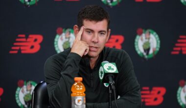 Sep 29, 2025; Boston, MA, USA; Boston Celtics president of basketball operations Brad Stevens talks to reporters during media day at the Auerbach Center. Mandatory Credit: David Butler II-Imagn Images