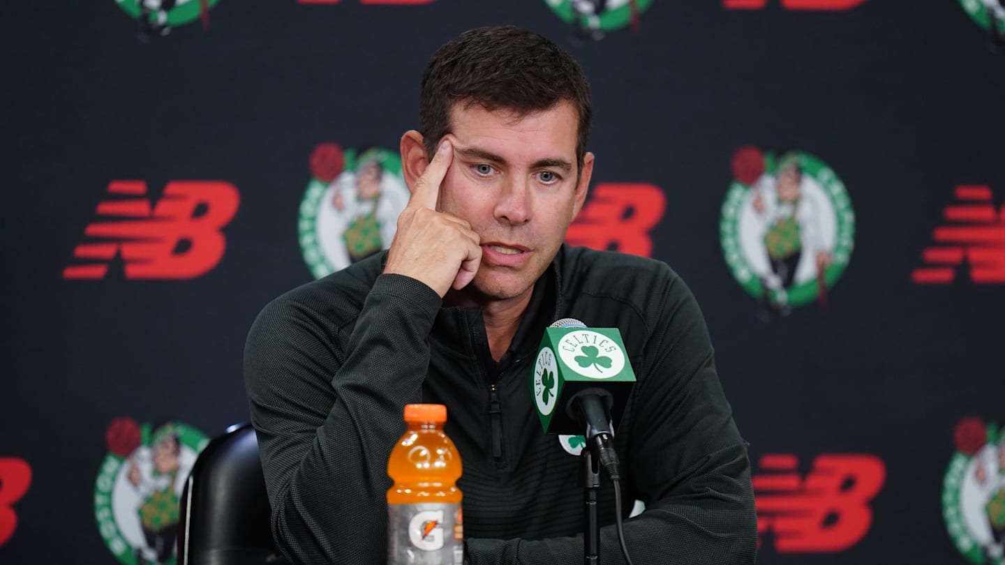 Sep 29, 2025; Boston, MA, USA; Boston Celtics president of basketball operations Brad Stevens talks to reporters during media day at the Auerbach Center. Mandatory Credit: David Butler II-Imagn Images
