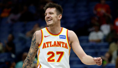 Jan 18, 2025; Boston, Massachusetts, USA; Atlanta Hawks guard Vit Krejci (27) reacts after making a basket against the Boston Celtics during the fourth quarter at the TD Garden. Mandatory Credit: Brian Fluharty-Imagn Images