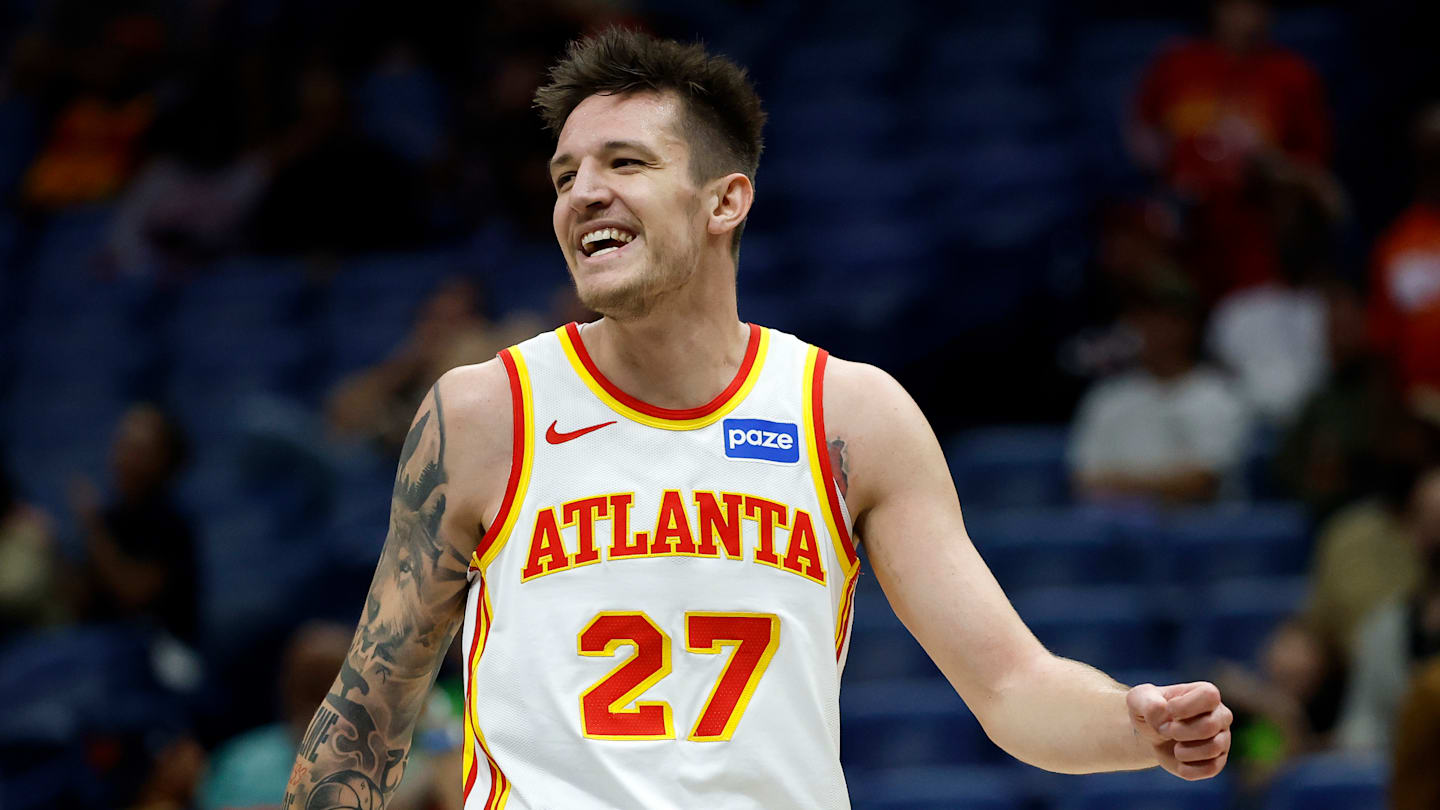 Jan 18, 2025; Boston, Massachusetts, USA; Atlanta Hawks guard Vit Krejci (27) reacts after making a basket against the Boston Celtics during the fourth quarter at the TD Garden. Mandatory Credit: Brian Fluharty-Imagn Images