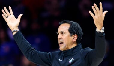 Nov 29, 2025; Miami, Florida, USA; Miami Heat head coach Erik Spoelstra reacts during the second half against the Detroit Pistons at Kaseya Center. Mandatory Credit: Rhona Wise-Imagn Images
