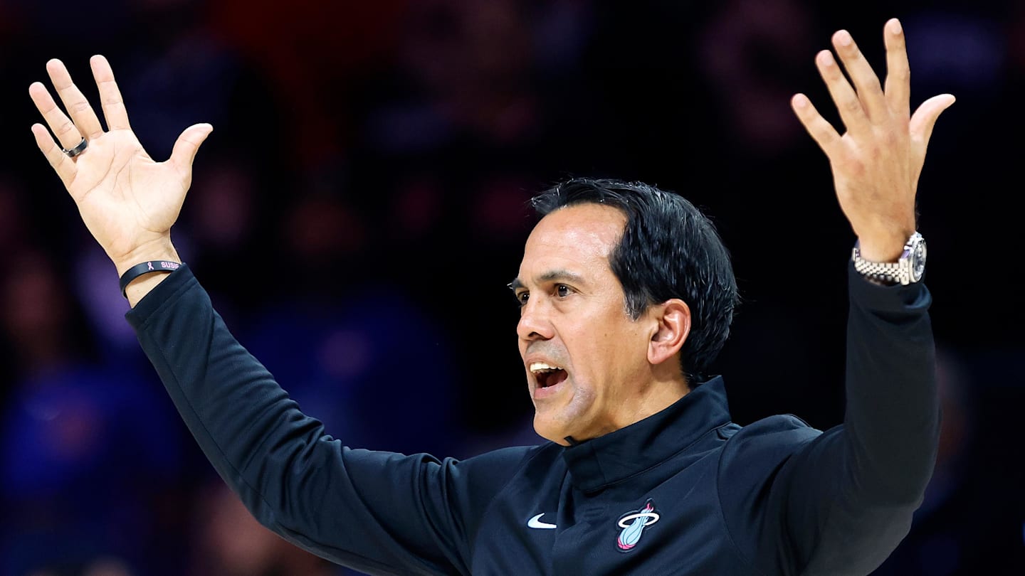 Nov 29, 2025; Miami, Florida, USA; Miami Heat head coach Erik Spoelstra reacts during the second half against the Detroit Pistons at Kaseya Center. Mandatory Credit: Rhona Wise-Imagn Images