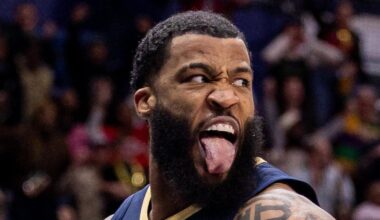 Jan 14, 2026; New Orleans, Louisiana, USA;  New Orleans Pelicans guard/forward Saddiq Bey (41) reacts to making a game leading dunk against the New Orleans Pelicans during the second half at Smoothie King Center. Mandatory Credit: Stephen Lew-Imagn Images