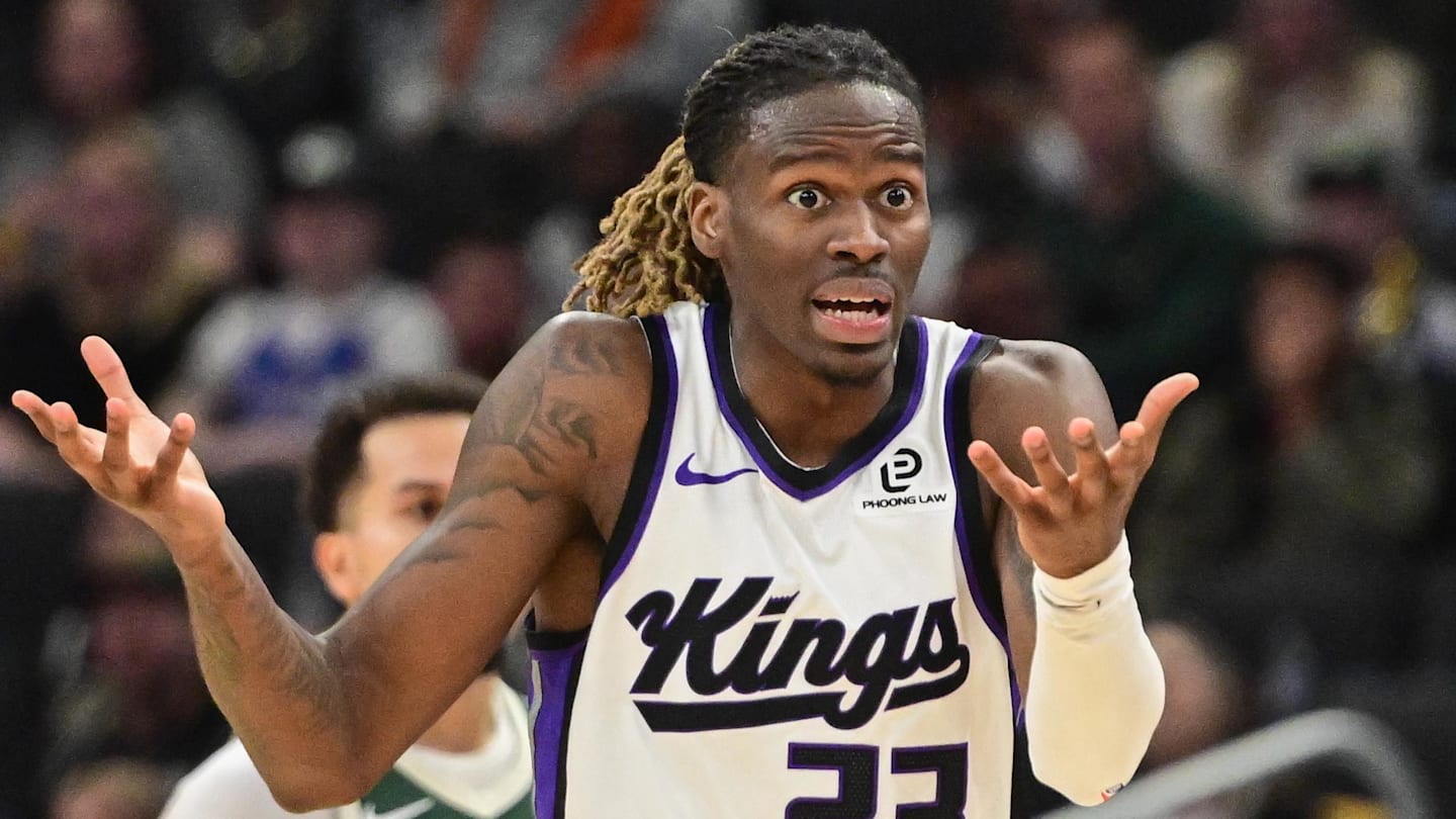 Nov 1, 2025; Milwaukee, Wisconsin, USA;  Sacramento Kings guard Keon Ellis (23) reacts in the second quarter against the Milwaukee Bucks at Fiserv Forum. Mandatory Credit: Benny Sieu-Imagn Images