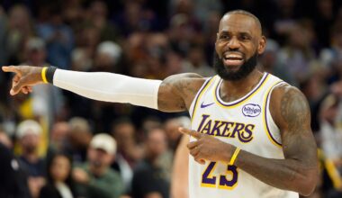 Dec 14, 2025; Phoenix, Arizona, USA; Los Angeles Lakers forward LeBron James (23) reacts after a foul during the second half of a game against the Phoenix Suns at Mortgage Matchup Center. Mandatory Credit: Allan Henry-Imagn Images