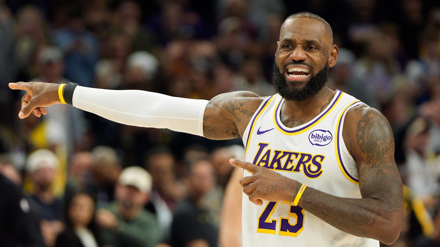 Dec 14, 2025; Phoenix, Arizona, USA; Los Angeles Lakers forward LeBron James (23) reacts after a foul during the second half of a game against the Phoenix Suns at Mortgage Matchup Center. Mandatory Credit: Allan Henry-Imagn Images