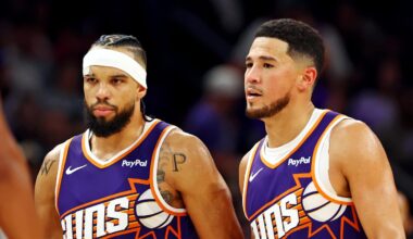 Phoenix Suns guard Devin Booker (1) and forward Dillon Brooks (3) during the second half against the Sacramento Kings at the Mortgage Matchup Center. Credit: Mark J. Rebilas-Imagn Images