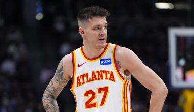 Jan 9, 2026; Denver, Colorado, USA; Atlanta Hawks guard Vit Krejci (27) looks on during the second quarter against the Denver Nuggets at Ball Arena. Mandatory Credit: Ron Chenoy-Imagn Images
