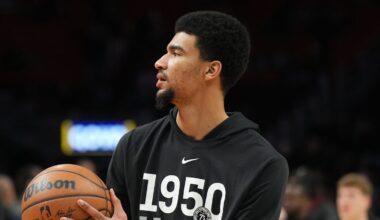 Feb 1, 2026; Miami, Florida, USA;  Miami Heat center Kel'el Ware (7) warms-up before the game against the Chicago Bulls at Kaseya Center. Mandatory Credit: Jim Rassol-Imagn Images