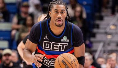 Jan 21, 2026; New Orleans, Louisiana, USA;  Detroit Pistons guard Jaden Ivey (23) brings the ball up court against the New Orleans Pelicans during the first half at Smoothie King Center.