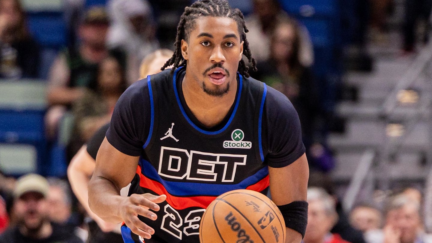 Jan 21, 2026; New Orleans, Louisiana, USA;  Detroit Pistons guard Jaden Ivey (23) brings the ball up court against the New Orleans Pelicans during the first half at Smoothie King Center.