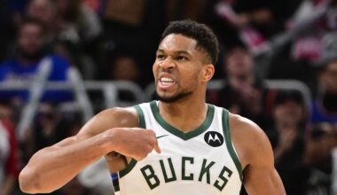 Milwaukee Bucks forward Giannis Antetokounmpo (34) reacts after scoring a basket in the 3rd quarter against the New York Knicks at Fiserv Forum. Oct 28, 2025.