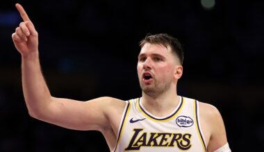 Jan 4, 2026; Los Angeles, California, USA;  Los Angeles Lakers guard Luka Doncic (77) reacts to a play during the third quarter against the Memphis Grizzlies at Crypto.com Arena. Mandatory Credit: Kiyoshi Mio-Imagn Images