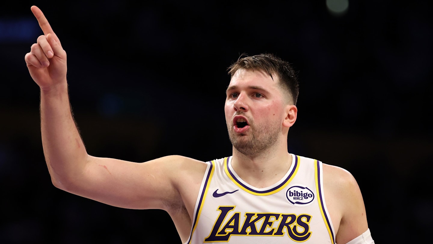 Jan 4, 2026; Los Angeles, California, USA;  Los Angeles Lakers guard Luka Doncic (77) reacts to a play during the third quarter against the Memphis Grizzlies at Crypto.com Arena. Mandatory Credit: Kiyoshi Mio-Imagn Images