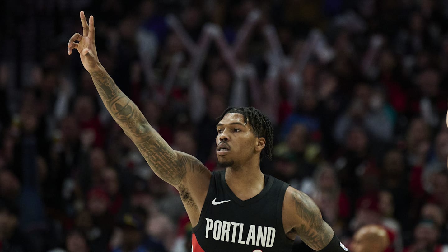Dec 29, 2025; Portland, Oregon, USA; Portland Trail Blazers guard Caleb Love (2) celebrates scoring a three point basket during the second half against the Dallas Mavericks at Moda Center. Mandatory Credit: Troy Wayrynen-Imagn Images