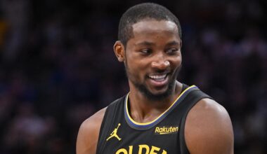 Nov 5, 2025; Sacramento, California, USA; Golden State Warriors forward Jonathan Kuminga (1) reacts after being called for a foul against the Sacramento Kings during the fourth quarter at Golden 1 Center. Mandatory Credit: Ed Szczepanski-Imagn Images