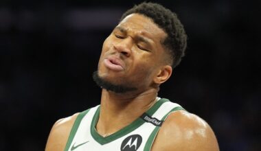 Mar 22, 2025; Sacramento, California, USA; Milwaukee Bucks forward Giannis Antetokounmpo (34) reacts during the third quarter against the Sacramento Kings at Golden 1 Center. Mandatory Credit: Darren Yamashita-Imagn Images