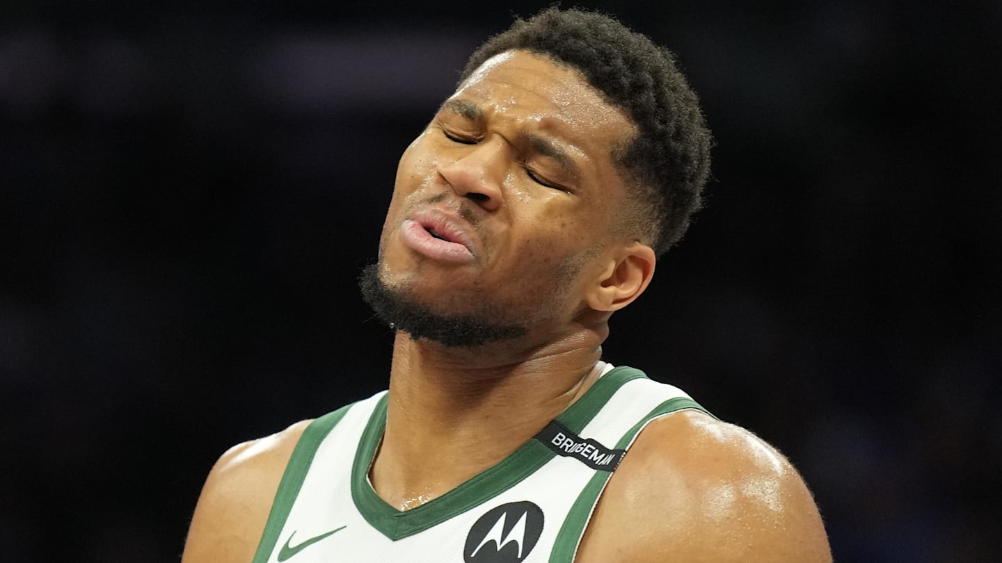 Mar 22, 2025; Sacramento, California, USA; Milwaukee Bucks forward Giannis Antetokounmpo (34) reacts during the third quarter against the Sacramento Kings at Golden 1 Center. Mandatory Credit: Darren Yamashita-Imagn Images