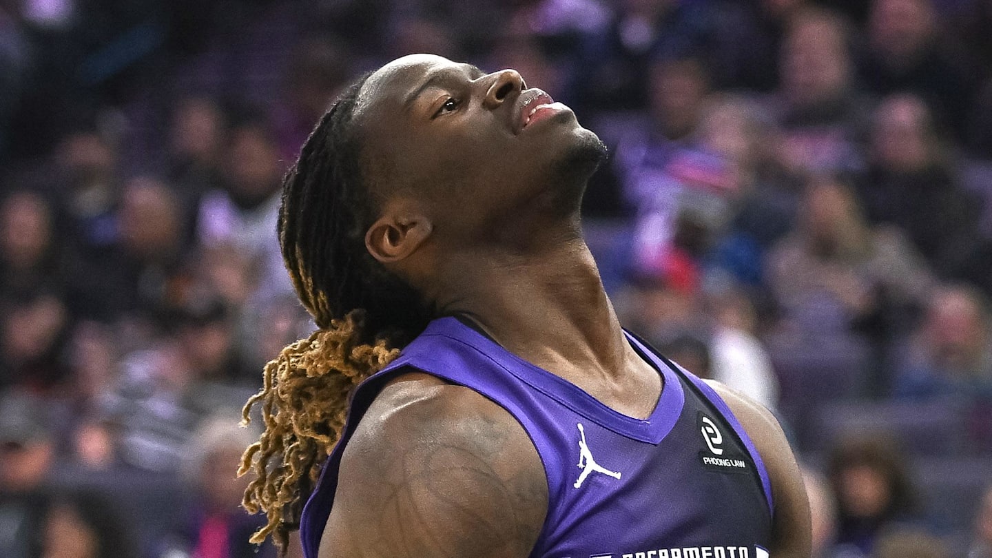 Nov 26, 2025; Sacramento, California, USA; Sacramento Kings guard Keon Ellis (23) reacts to a call during the first quarter of the game against the Phoenix Suns at Golden 1 Center. Mandatory Credit: Ed Szczepanski-Imagn Images