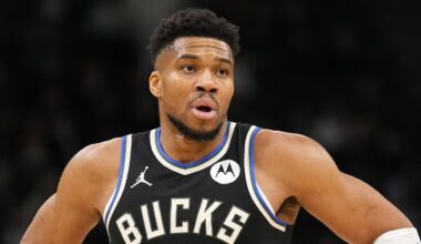 Jan 23, 2026; Milwaukee, Wisconsin, USA;  Milwaukee Bucks forward Giannis Antetokounmpo (34) looks on during the second quarter against the Denver Nuggets at Fiserv Forum. Mandatory Credit: Jeff Hanisch-Imagn Images