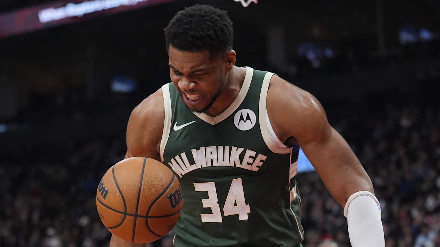 Nov 4, 2025; Toronto, Ontario, CAN; Milwaukee Bucks forward Giannis Antetokounmpo (34) reacts after making a basket against the Toronto Raptors during the first half at Scotiabank Arena. Mandatory Credit: John E. Sokolowski-Imagn Images