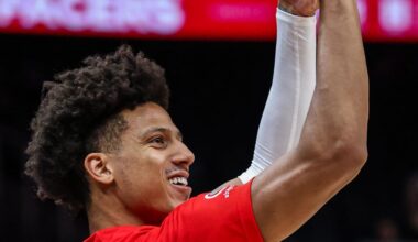 Jan 26, 2026; Atlanta, Georgia, USA; Atlanta Hawks forward Jalen Johnson (1) during warmups before the game against the Indiana Pacers at State Farm Arena. Mandatory Credit: Jordan Godfree-Imagn Images