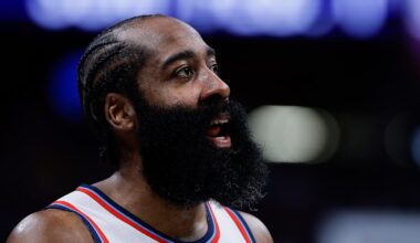 Jan 30, 2026; Denver, Colorado, USA; Los Angeles Clippers guard James Harden (1) in the third quarter against the Denver Nuggets at Ball Arena. Mandatory Credit: Isaiah J. Downing-Imagn Images