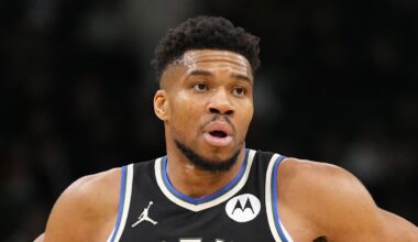 Jan 23, 2026; Milwaukee, Wisconsin, USA;  Milwaukee Bucks forward Giannis Antetokounmpo (34) looks on during the second quarter against the Denver Nuggets at Fiserv Forum. Mandatory Credit: Jeff Hanisch-Imagn Images