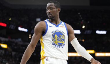 Mar 11, 2024; San Antonio, Texas, USA; Golden State Warriors forward Jonathan Kuminga (00) reacts to a call by an official during the first half against the San Antonio Spurs at Frost Bank Center. Mandatory Credit: Scott Wachter-Imagn Images