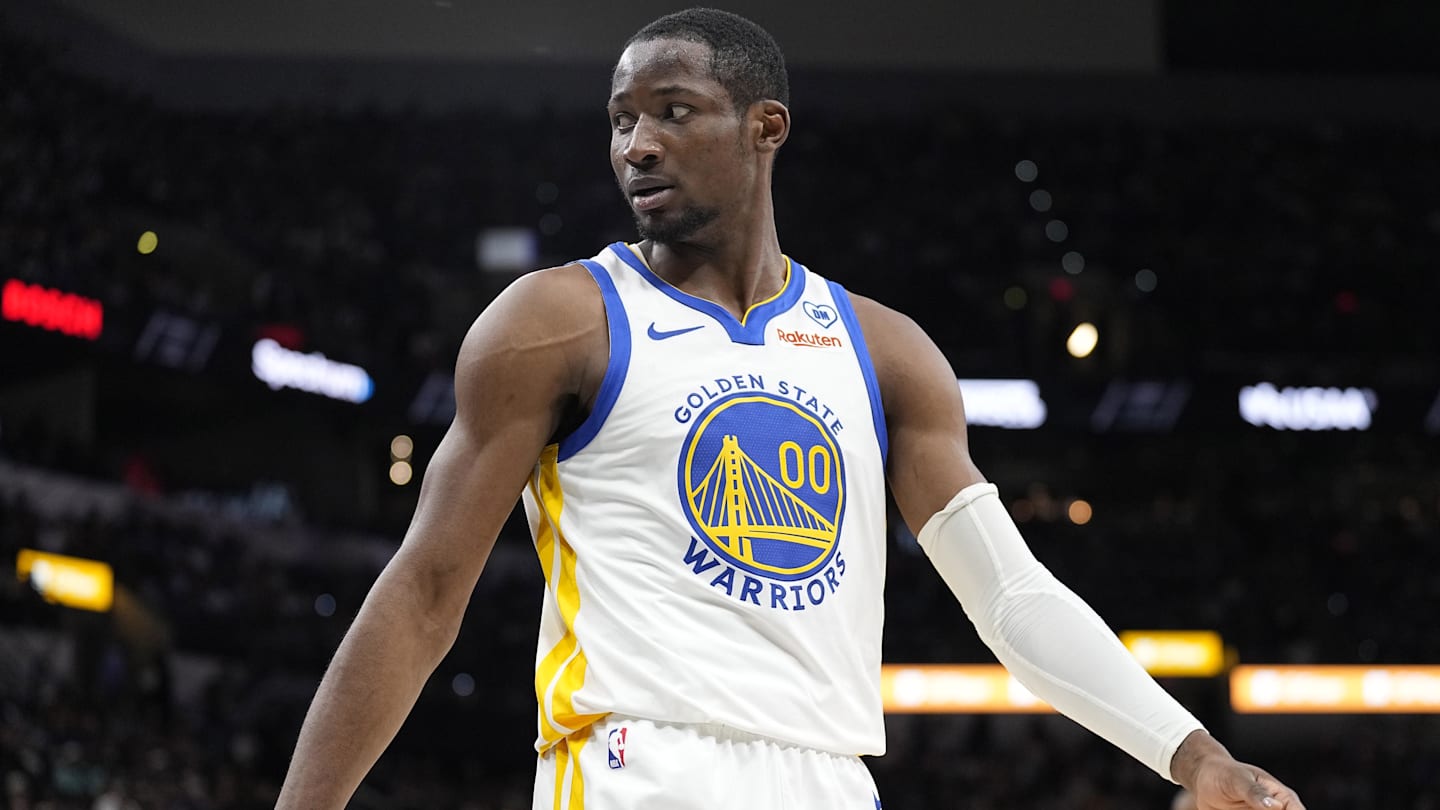 Mar 11, 2024; San Antonio, Texas, USA; Golden State Warriors forward Jonathan Kuminga (00) reacts to a call by an official during the first half against the San Antonio Spurs at Frost Bank Center. Mandatory Credit: Scott Wachter-Imagn Images