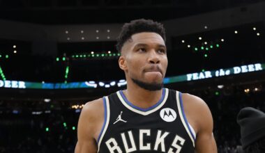 Jan 23, 2026; Milwaukee, Wisconsin, USA;  Milwaukee Bucks forward Giannis Antetokounmpo (34) walks from the court following the game against the Denver Nuggets at Fiserv Forum. Mandatory Credit: Jeff Hanisch-Imagn Images