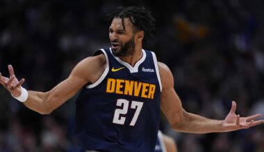 Jan 27, 2026; Denver, Colorado, USA; Denver Nuggets guard Jamal Murray (27) reacts in the fourth quarter against the Detroit Pistons  at Ball Arena. Mandatory Credit: Ron Chenoy-Imagn Images