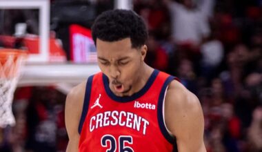 Apr 16, 2024; New Orleans, Louisiana, USA; New Orleans Pelicans guard Trey Murphy III (25) reacts to making a three point basket against the Los Angeles Lakers during the second half of a play-in game of the 2024 NBA playoffs at Smoothie King Center. Mandatory Credit: Stephen Lew-Imagn Images