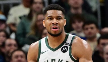 Milwaukee Bucks forward Giannis Antetokounmpo (34) reacts in the third quarter against the Los Angeles Lakers at Fiserv Forum on March 13, 2025.