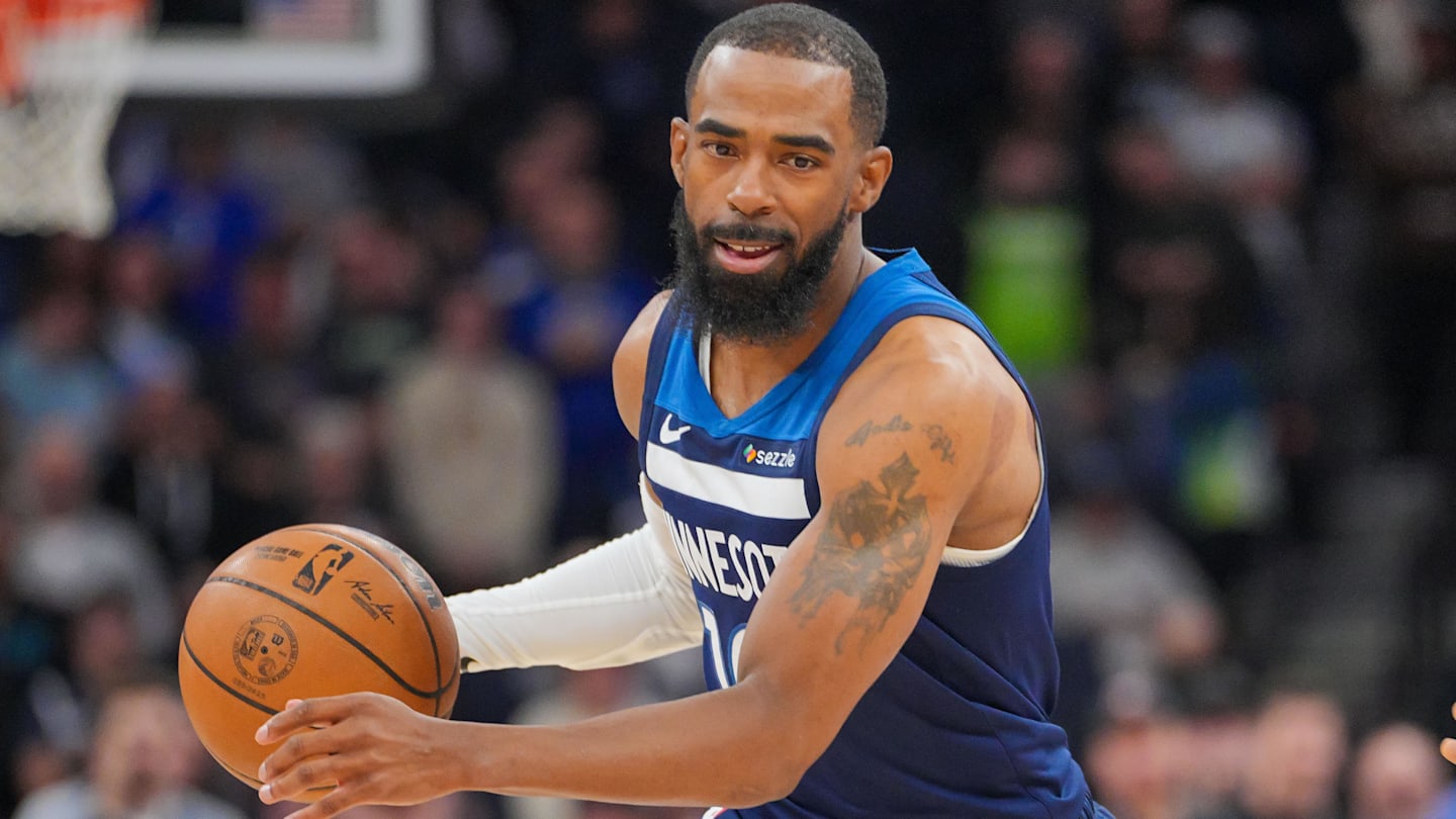 Mar 4, 2025; Minneapolis, Minnesota, USA; Minnesota Timberwolves guard Mike Conley (10) dribbles against the Philadelphia 76ers in the first quarter at Target Center. Mandatory Credit: Brad Rempel-Imagn Images